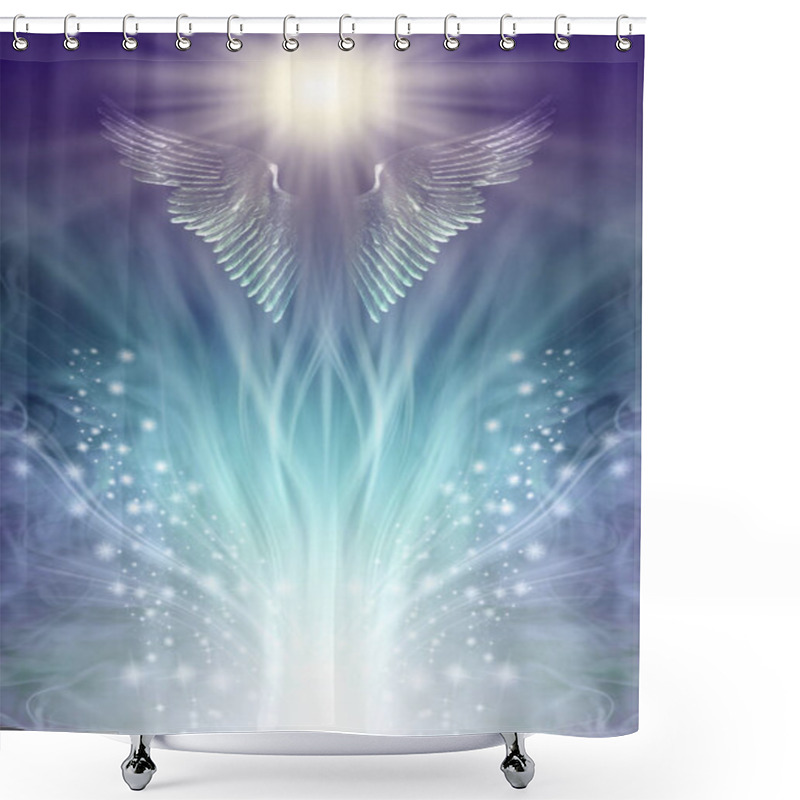 Personality  Guardian Angel Rising Up Vision - Flowing White Light With Sparkles Radiating Outwards And Shimmering Angel Wings On Blue Green Above With Space For Messages Ideal For A Spiritual Theme Shower Curtains