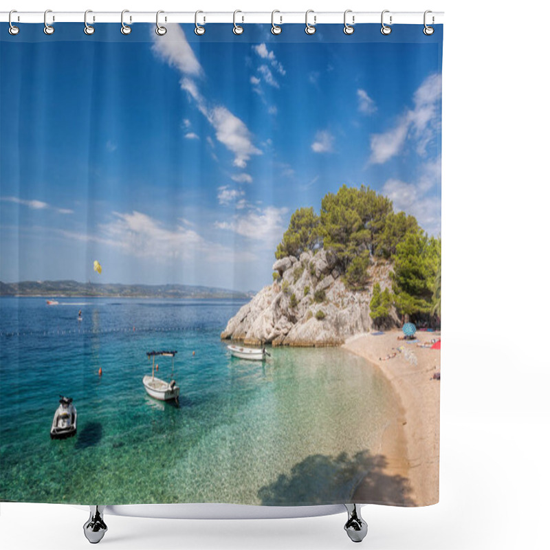 Personality  Amazing Beach With Boats Against Azure Sea In Brela, Makarska, Dalmatia, Croatian Coast Shower Curtains