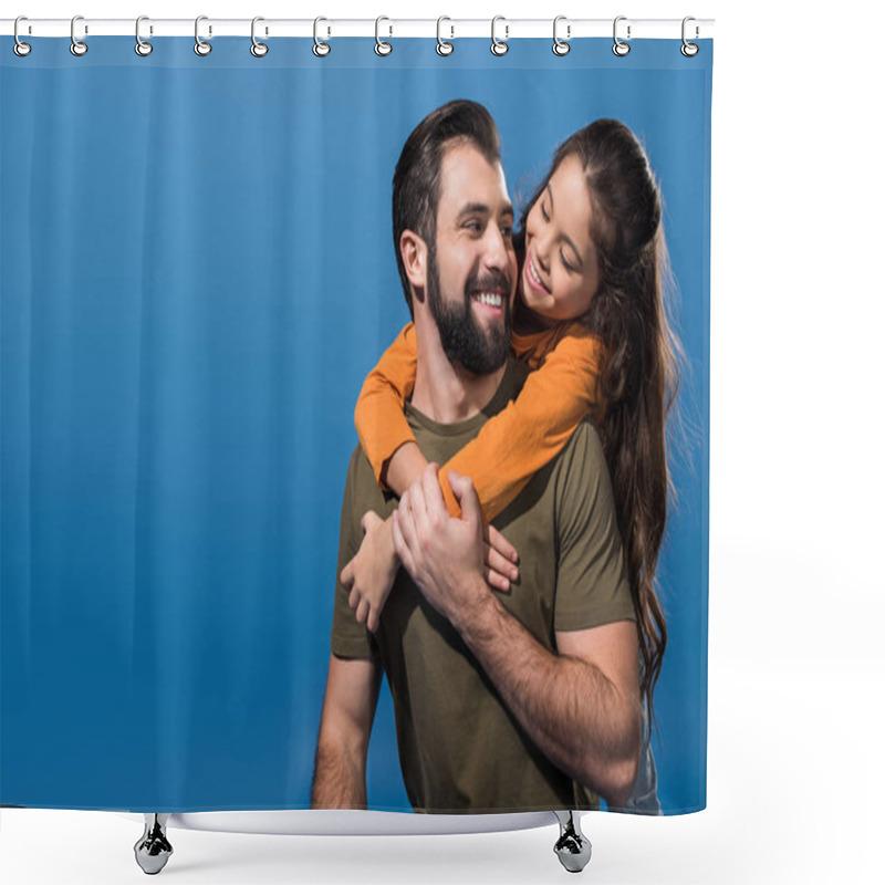 Personality  Handsome Father Giving Piggyback To Adorable Daughter Isolated On Blue Shower Curtains