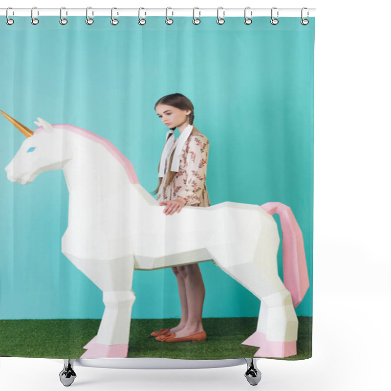 Personality  Fashionable Teen Girl With Big White Unicorn On Turquoise Shower Curtains