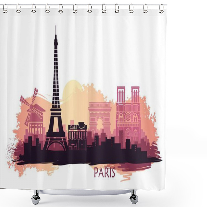 Personality  Stylized Landscape Of Paris With Eiffel Tower, Arc De Triomphe And Notre Dame Cathedral And Other Attractions Shower Curtains