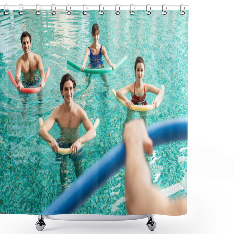 Personality  Selective Focus Of Smiling People With Pool Noodles Looking At Trainer During Water Aerobics In Swimming Pool Shower Curtains