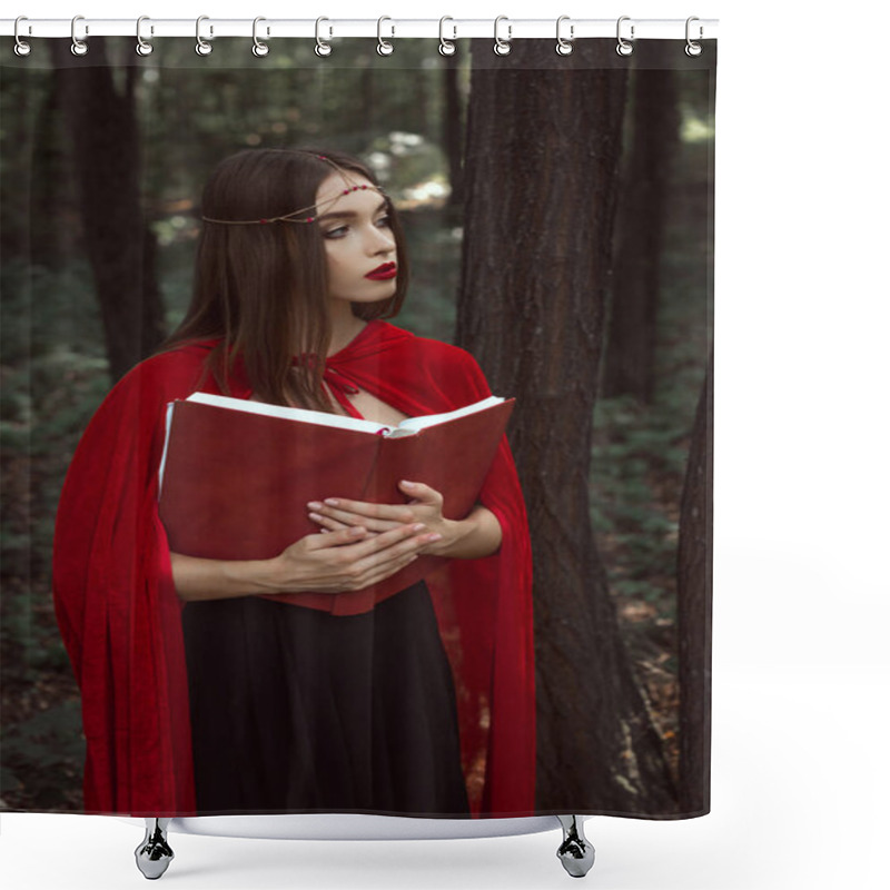 Personality  Beautiful Mystic Girl In Red Cloak And Wreath Holding Magic Book In Forest Shower Curtains