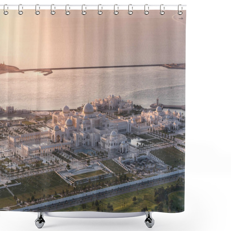 Personality  Abu Dhabi, UAE, United Arab Emirates - November 2019: Beautiful Sunset Aerial View Of Qasr Al Watan (Palace Of The Nation), Presidential Palace In Abu Dhabi, Outdoor, Seen From Etihad Towers Shower Curtains