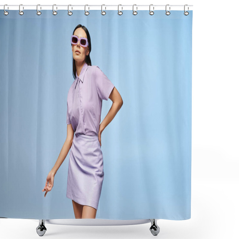 Personality  A Beautiful Woman In A Purple Dress And Stylish Sunglasses Poses In A Studio Against A Summery Blue Background. Shower Curtains