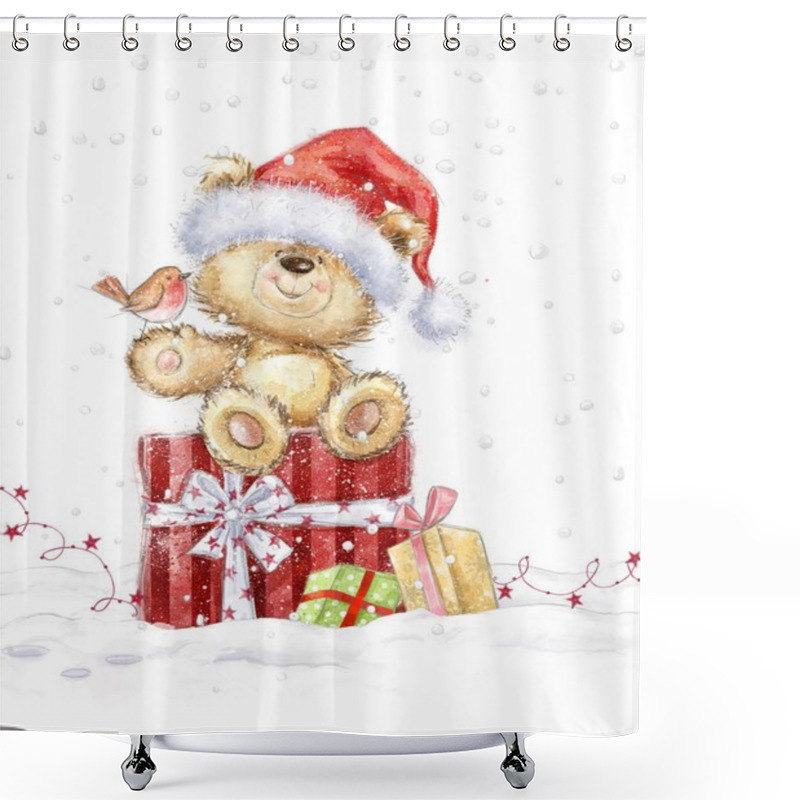 Personality  Cute Teddy Bear With Christmas Gifts In The Santa Hat. Hand Drawn Teddy Bear.Christmas Greeting Card. Merry Christmas. New Year. Doll, Toy, Vintage, Toy Bear, Ho Ho Ho, Little Bird, Gifts, Eve, Bear Shower Curtains