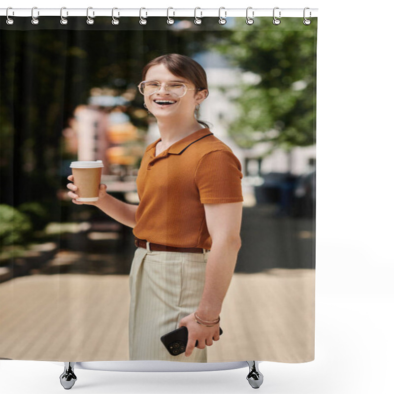 Personality  The Young Non Binary Person Smiles Brightly With A Coffee In Hand, Soaking In The Lively Atmosphere. Shower Curtains