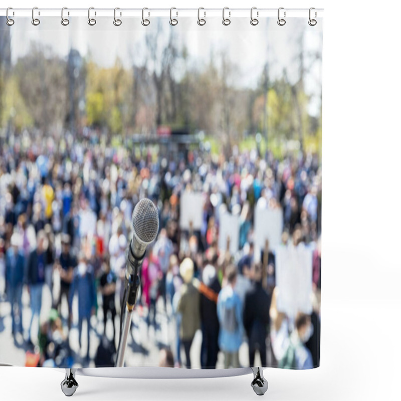 Personality  Protest Or Public Demonstration, Focus On Microphone, Blurred Crowd Of People In The Background Shower Curtains