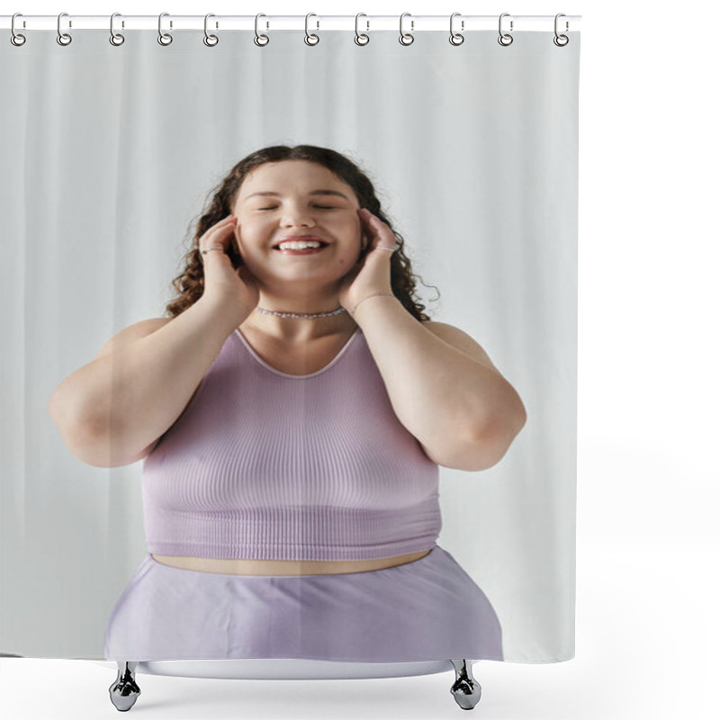 Personality  A Radiant Plus Size Woman Enjoys A Moment Of Joy, Smiling And Feeling Beautiful In A Purple Top. Shower Curtains