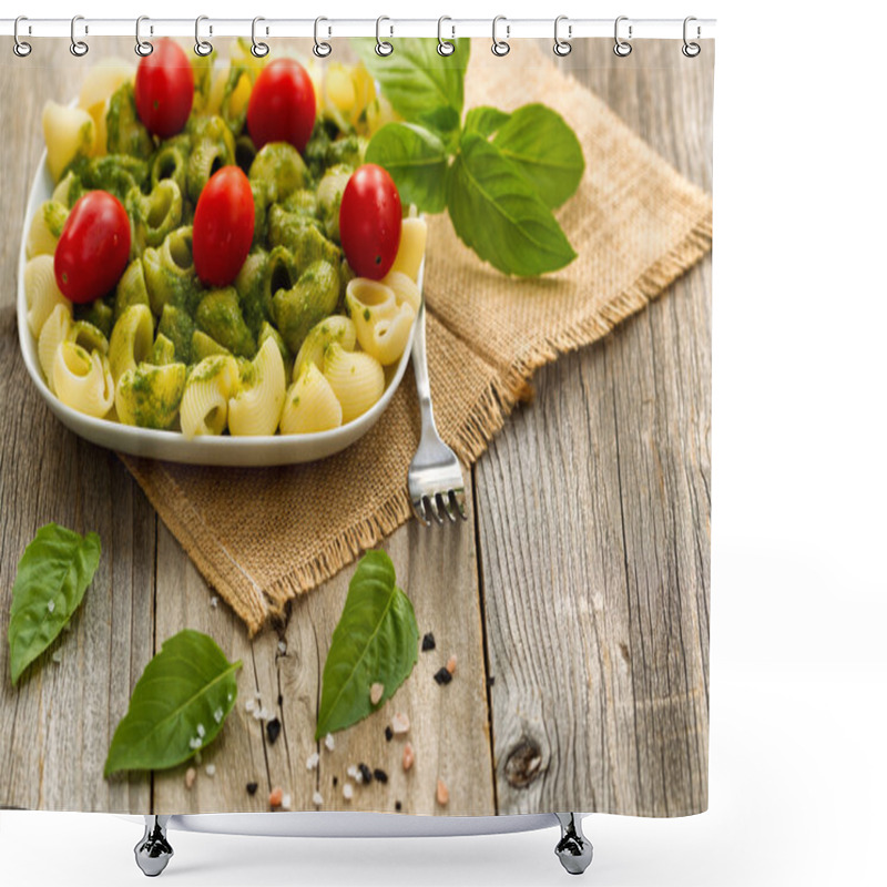 Personality  Traditional Basil Pesto Dish With Cherry Tomatoes On Rustic Wood Shower Curtains