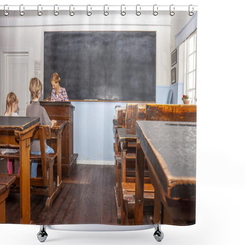 Personality  Concept Of Public Primary School Education With Young Boy And Girl Listening To The Female Teacher Shower Curtains