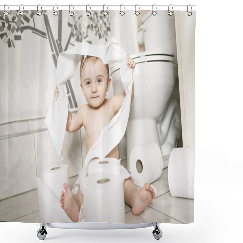 Personality  Toddler Ripping Up Toilet Paper In Bathroom Shower Curtains