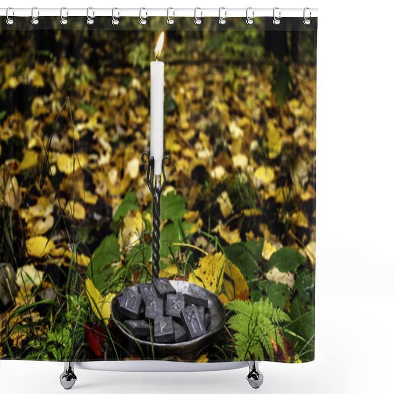 Personality  Norse Runes In A Forged Bowl With A Candle On The Background Of Autumn Forest Foliage. Shower Curtains