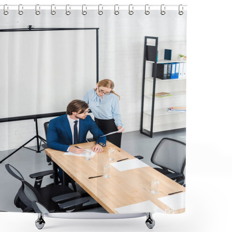 Personality  High Angle View Of Young Manageress Showing Documents To Her Boss At Conference Hall Shower Curtains