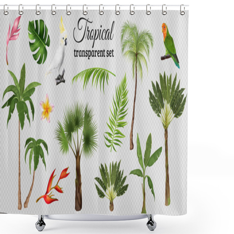 Personality  Tropical Set With Isolated Images Of Exotic Leaves Plants And Trees With Parrots On Transparent Background Vector Illustration Shower Curtains