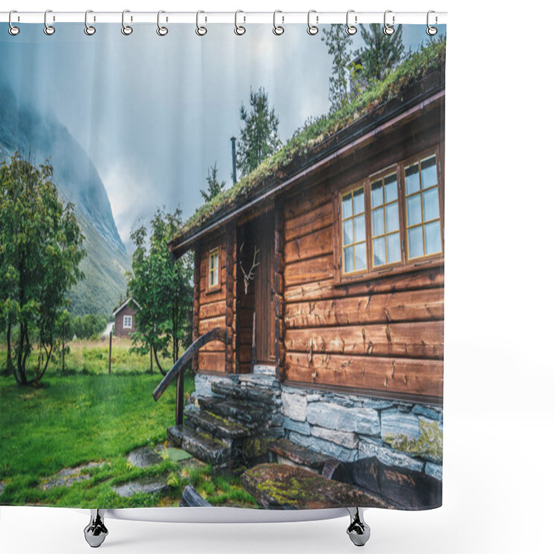 Personality  Traditional Wooden Norwegian Cabins In Foggy Mountains Shower Curtains