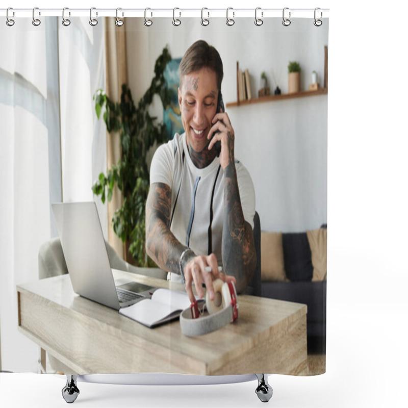 Personality  The Young Man With Tattoos Talks On The Phone While Sitting At A Desk In His Home Office. Shower Curtains