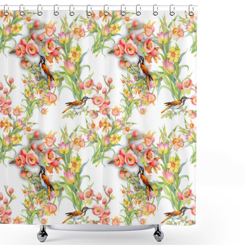 Personality  Seamless Pattern With Birds And Flowers Shower Curtains