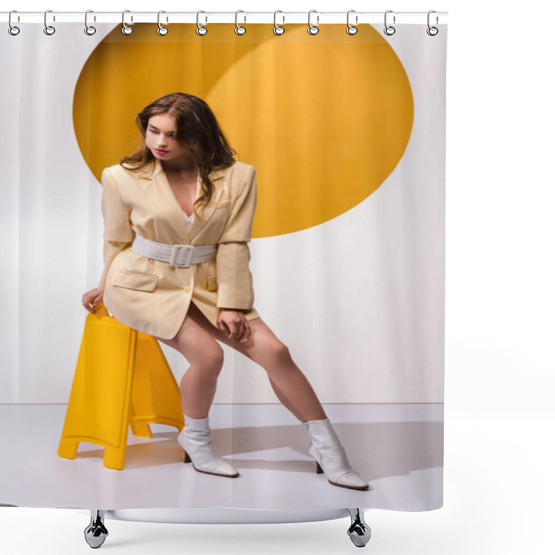 Personality  Stylish Woman Sitting Near Board On White And Orange  Shower Curtains