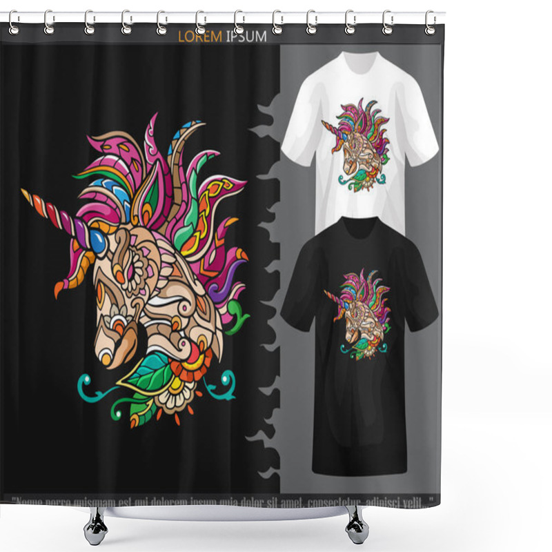 Personality  Unicorn Head Mandala Arts Isolated On Black And White T Shirt. Shower Curtains