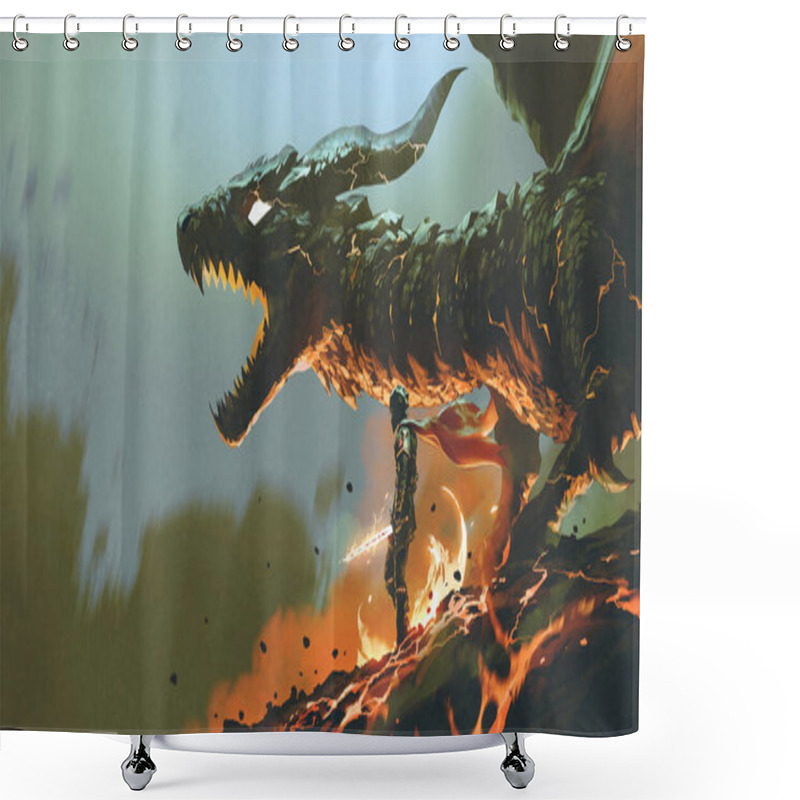 Personality  Knight With The Light Sword Standing Near The Giant Fire Dragon, Digital Art Style, Illustration Painting Shower Curtains