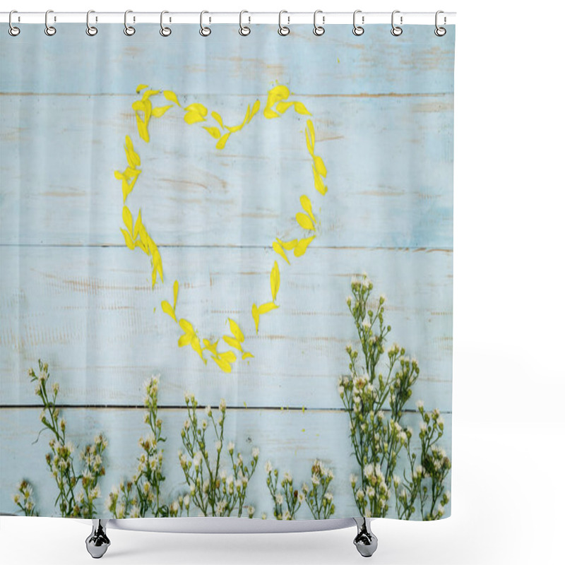 Personality  Spring Concept: Flat Lays Heart Shaped Flowers Petal Formation With Wild Flowers Over Vintage Blue Wooden Background Shower Curtains