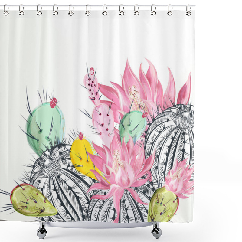 Personality  Beautiful Vector Illustration With Cactus Plants And Flowers Shower Curtains