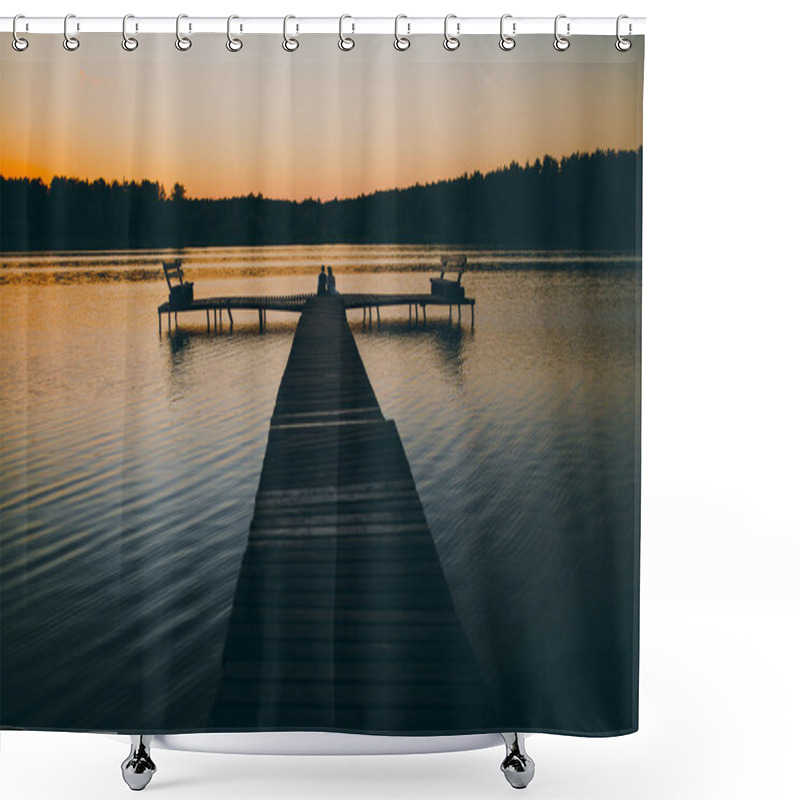 Personality  Man And Woman On Wooden Quay Shower Curtains