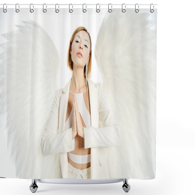 Personality  Woman In Costume Of Divine Angel With Wings Praying And Looking At Camera On White Backdrop Shower Curtains