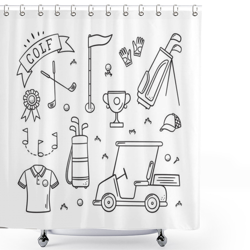 Personality  Golf Equipment And Golfers In Doodle Style. Club, Bag And Golf Cart. Hand Drawn Vector Illustration Shower Curtains