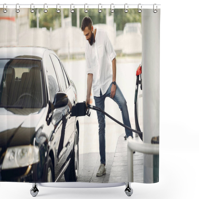 Personality  Handsome Man Pours Gasoline Into Tank Of Car Shower Curtains