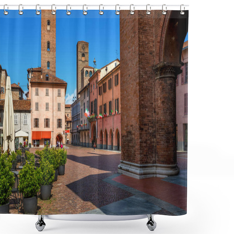 Personality  Cobblestone Square Surrounded By Historic Houses And Medieval Towers In Old Town Of Alba, Piedmont, Northern Italy. Shower Curtains