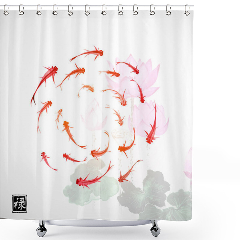 Personality  Little Fish And Lotus Flowers Hand Drawn With Ink. Traditional Oriental Ink Painting Sumi-e, U-sin, Go-hua. Hieroglyph - Well-being Shower Curtains