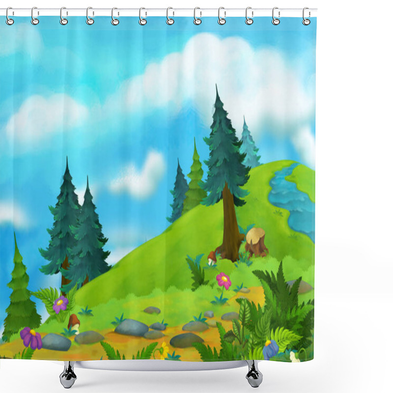 Personality  Cartoon Summer Scene With Path In The Forest With Stream - Nobody On Scene - Illustration For Children Shower Curtains