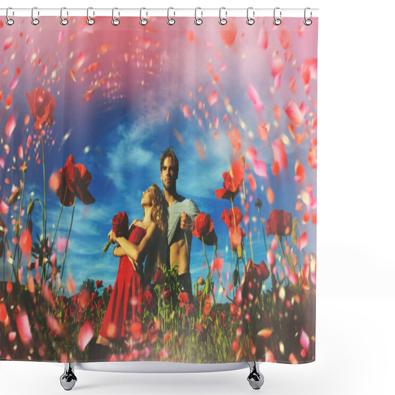 Personality  Young Couple In Blooming Meadow. Couple Having Fun In Blooming Park Shower Curtains