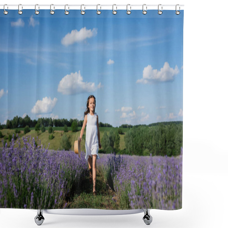 Personality  Full Length Of Smiling Girl In White Summer Dress Walking In Meadow Of Blooming Lavender Shower Curtains