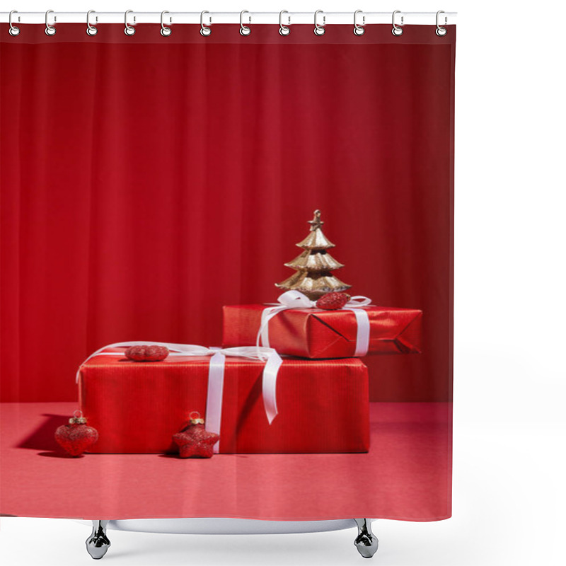 Personality  Red Gift Boxes And Decorative Golden Christmas Tree With Baubles On Red Background Shower Curtains