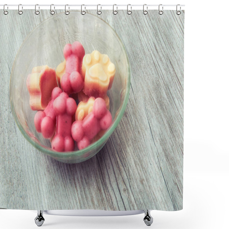 Personality  Cold Frozen Yogurt Dog Treats In A Bowl On A Hot Summer Day With Wooden Background Shower Curtains