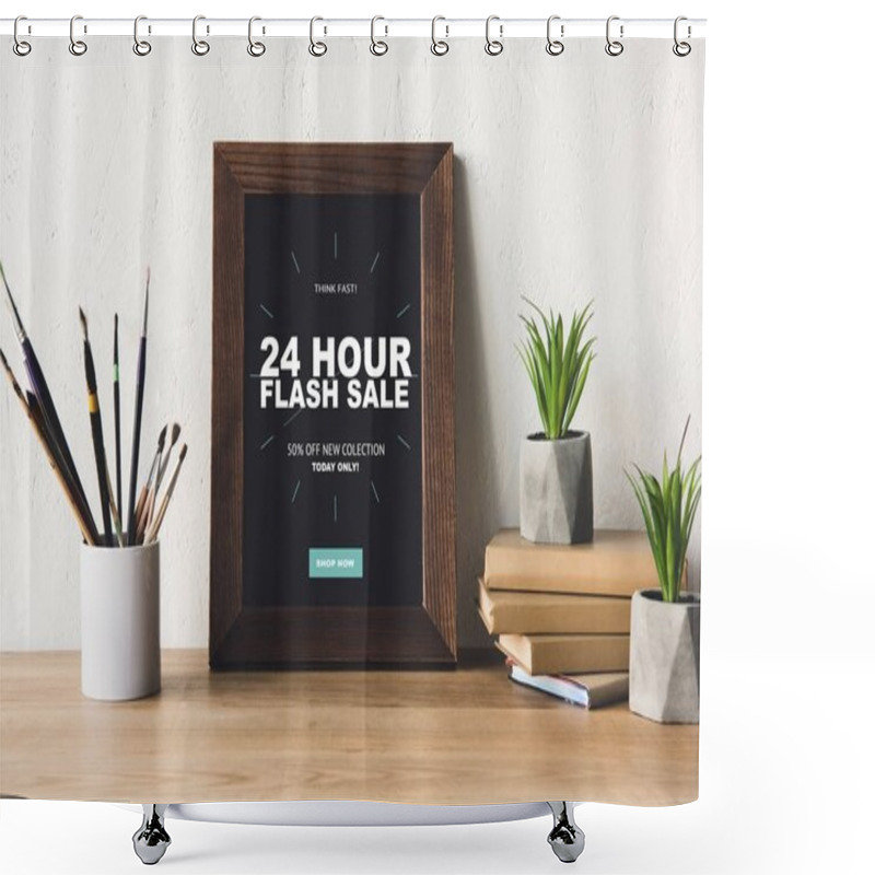 Personality  Photo Frame And Book On Tabletop Shower Curtains