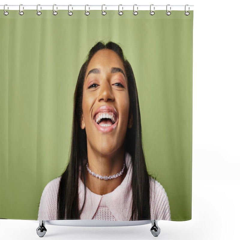 Personality  A Cheerful Young Woman Showcases Her Warm Autumn Style, Radiating Joy And Confidence Amidst Colors. Shower Curtains