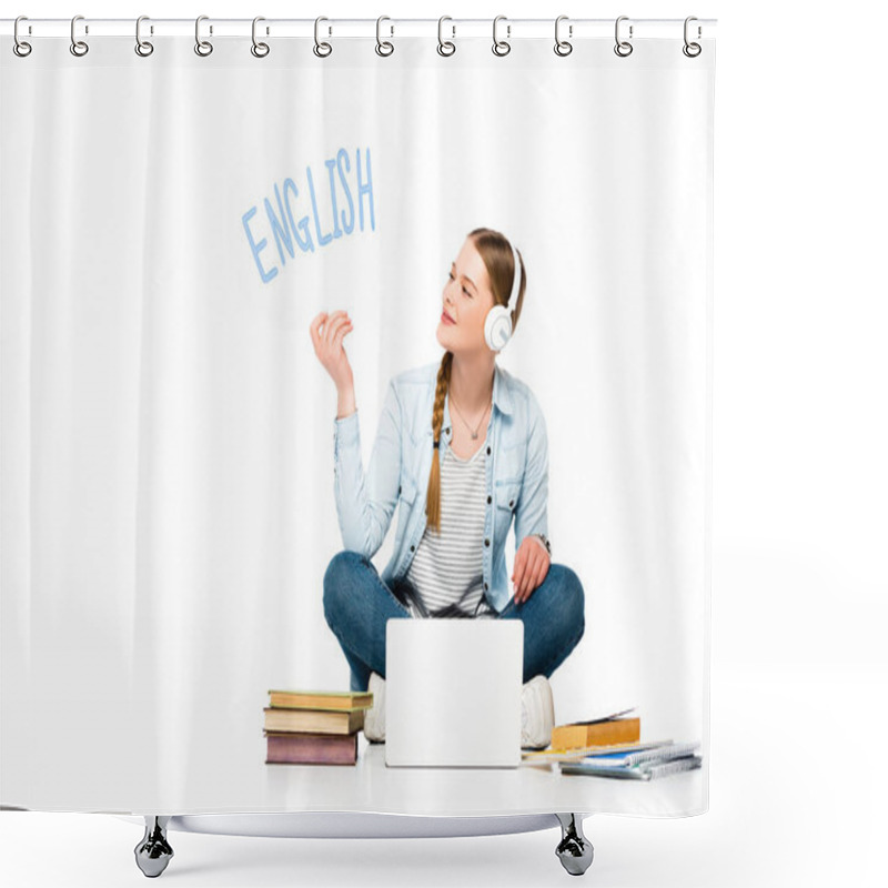 Personality  Smiling Girl Sitting On Floor In Headphones With Speech Bubble With English Lettering Near Laptop, Books And Copybooks Isolated On White Shower Curtains