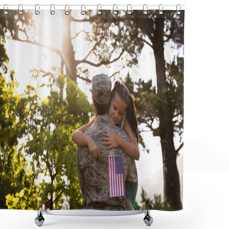 Personality  Rear View Of A Young Adult Mixed Race Male Soldier In The Garden Outside His Home, Carrying His Daughter, Who Is Leaning Over His Shoulder Holding A US Flag And Smiling With Eyes Closed Shower Curtains