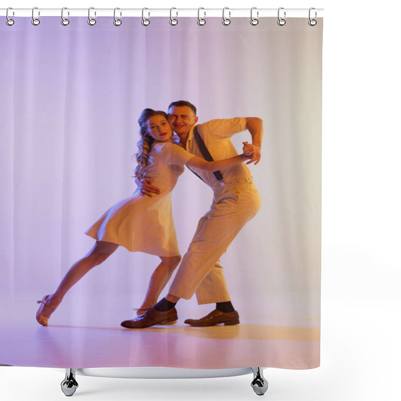 Personality  Beautiful Girl And Man In Retro Style Costumes Dancing Incendiary Dances Isolated On Gradient Lilac Color Background In Neon Light. Dancers In Motion And Action. Concept Of Art, 60s, 70s Culture Shower Curtains