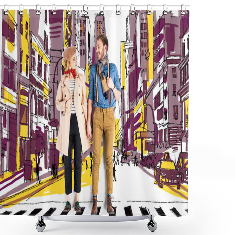 Personality  Elegant Couple Holding Hands With City Street Illustration On Background Shower Curtains