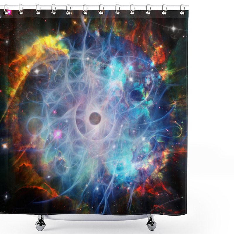 Personality  Big Bang. Energy Burst In Vivid Space. 3D Rendering Shower Curtains