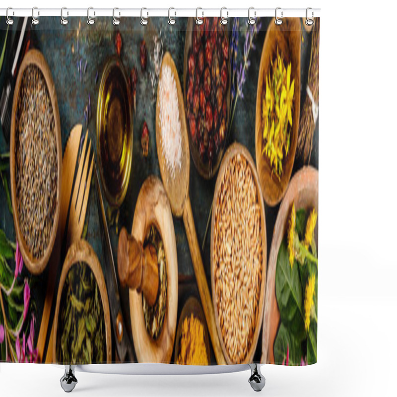 Personality  Flat Lay Of Wild Healing Herbs Shower Curtains