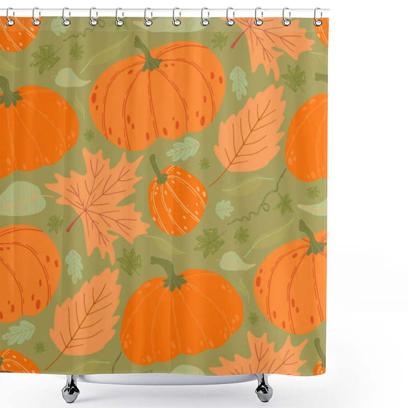 Personality  Vibrant Pumpkin And Leaf Pattern With Orange And Green Tones, Celebrating Harvest And Autumn With A Seamless Festive Design For Seasonal Projects. Shower Curtains