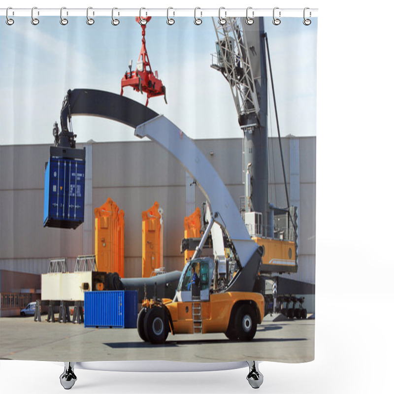 Personality  ROSTOCK, GERMANY - JUL 2, 2016: Container Loader - Reach Stacker In The Test Area Of Liebherr  Shower Curtains