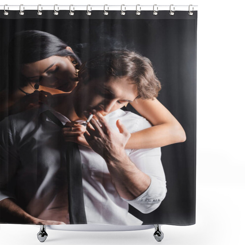 Personality  Seductive Woman Taking Off Shirt From Boyfriend With Cigarette On Black Background Shower Curtains