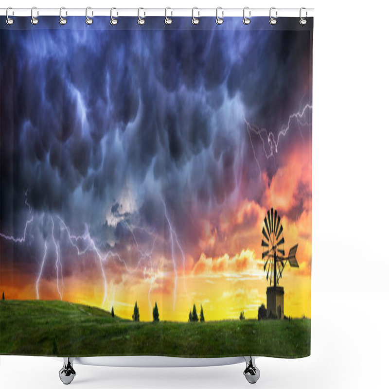 Personality  Thunderstorm And Lightning At Sunset In Country Field Shower Curtains